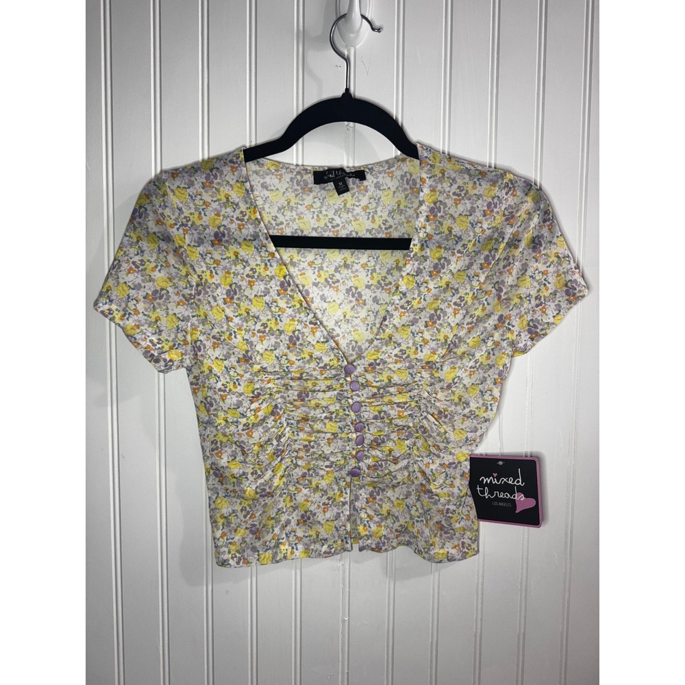 Mixed Threads LA Floral Mesh Ruched Button Front Top Yellow Purple Medium NWT
